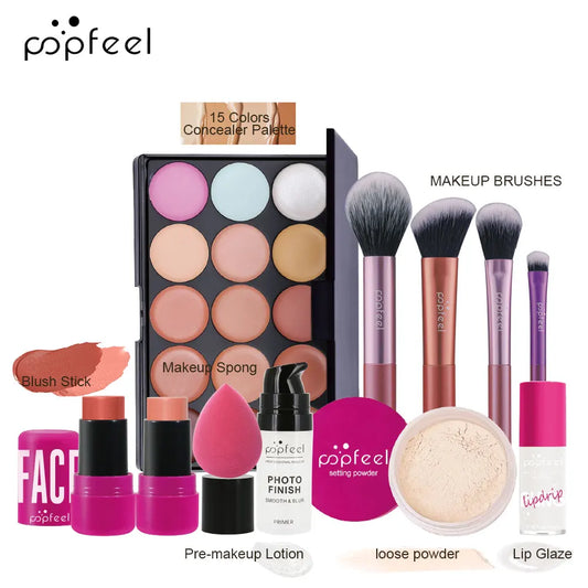 Kit de Maquiagem Completo POPFEEL: Sombra, Pó, Gloss e Óleo Labial