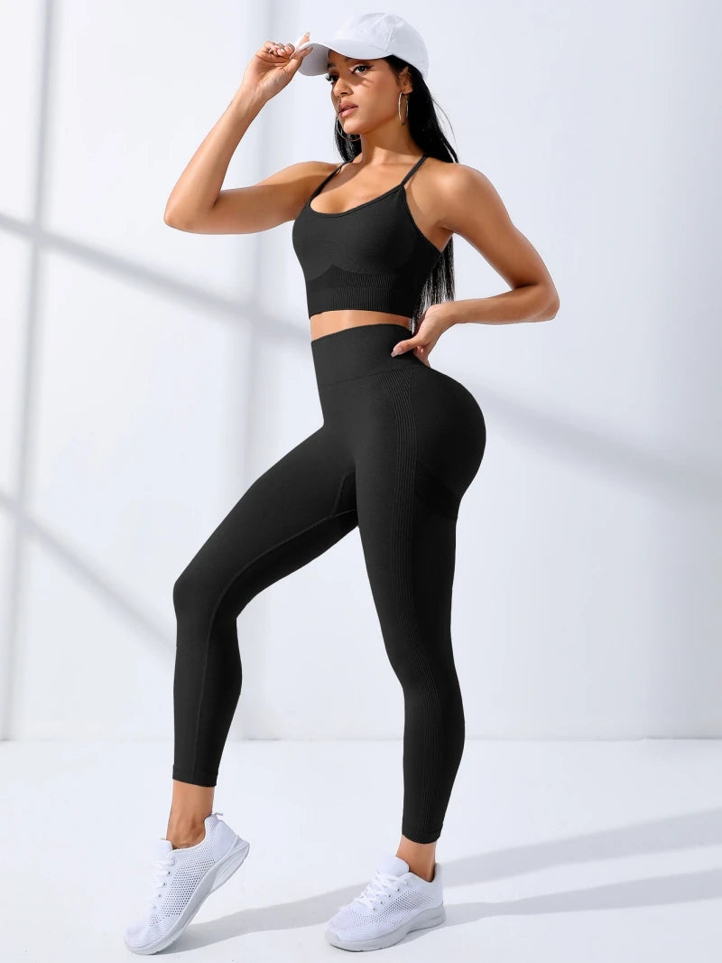 Conjunto Treino Leggings Fina Alça de Ombro Stretch Fitness