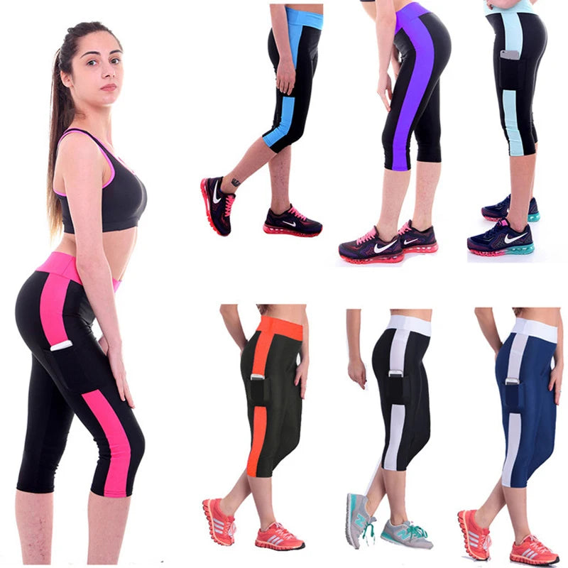 Calça Capri Listrada para Corrida com Bolso e Cintura Alta
