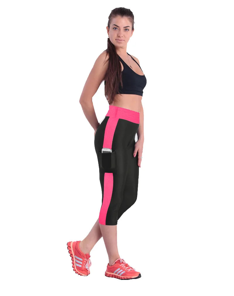 Calça Capri Listrada para Corrida com Bolso e Cintura Alta