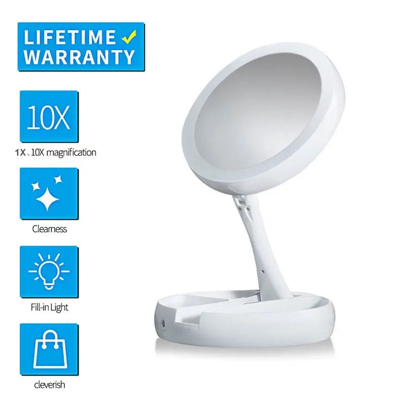 Espelho de Luz Led Dobravel Lupa Aumenta 10x Maquiagem Usb