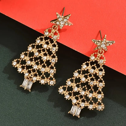 Brincos Dourado de Árvore de Natal com Strass