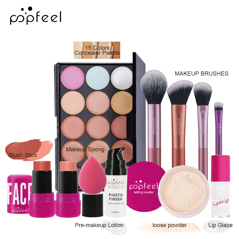 Kit de Maquiagem Completo POPFEEL: Sombra, Pó, Gloss e Óleo Labial