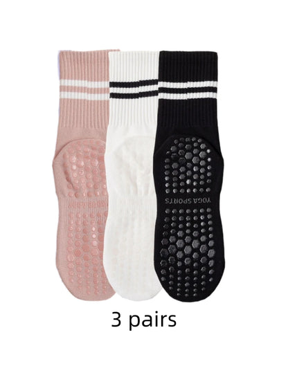 Conjunto de 3 Pares de Meias de Yoga, Meias de Comprimento Médio Antiderrapante