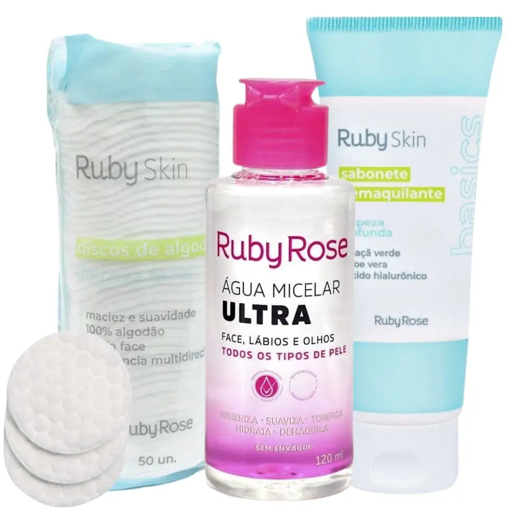 Kit C/3 itens Cuidados com a Pele Ruby Rose Limpeza e Hidratação Completa