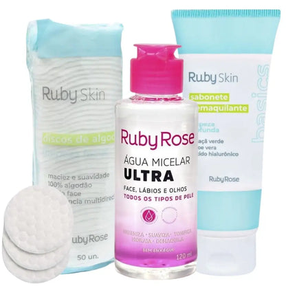 Kit C/3 itens Cuidados com a Pele Ruby Rose Limpeza e Hidratação Completa