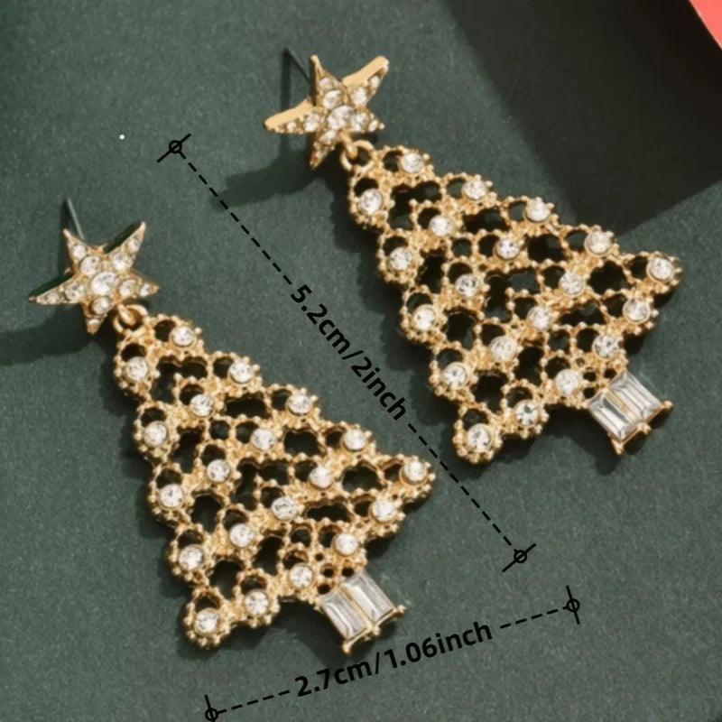 Brincos Dourado de Árvore de Natal com Strass