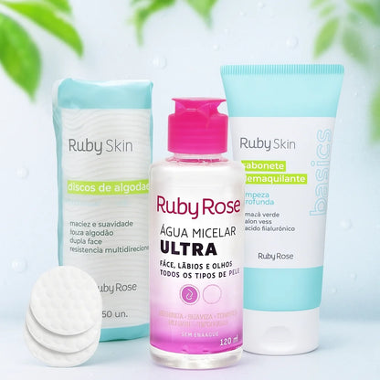 Kit C/3 itens Cuidados com a Pele Ruby Rose Limpeza e Hidratação Completa
