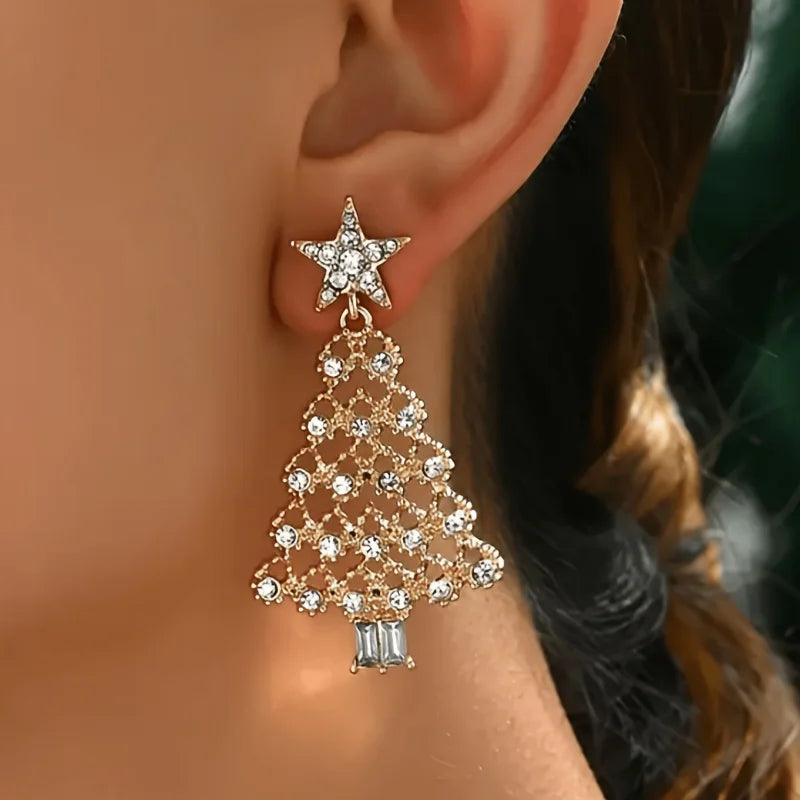 Brincos Dourado de Árvore de Natal com Strass