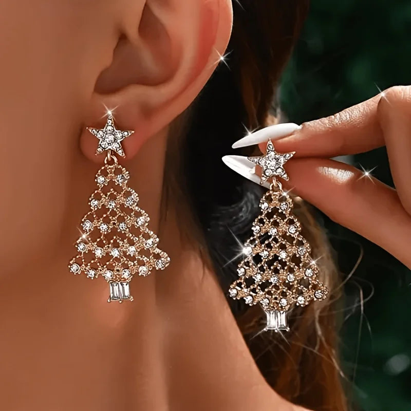 Brincos Dourado de Árvore de Natal com Strass