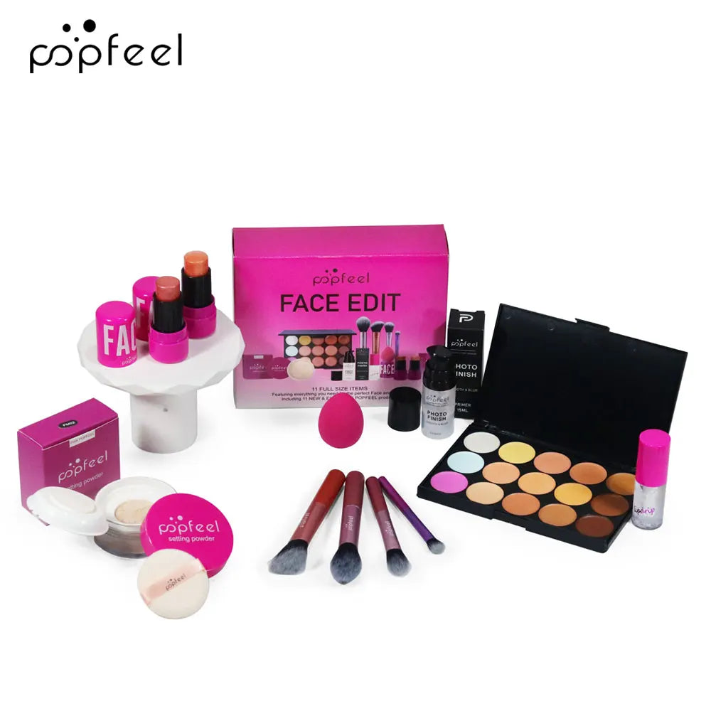Kit de Maquiagem Completo POPFEEL: Sombra, Pó, Gloss e Óleo Labial