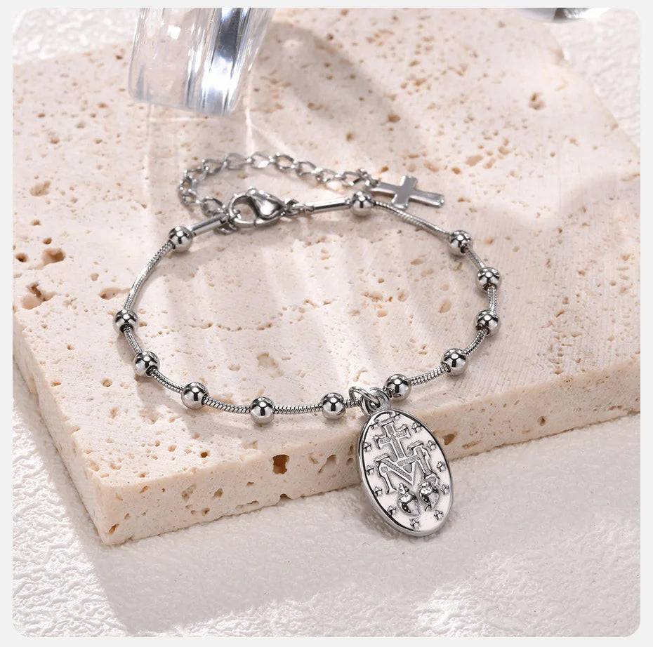 Pulseira Terço Feminina em Aço Inoxidável