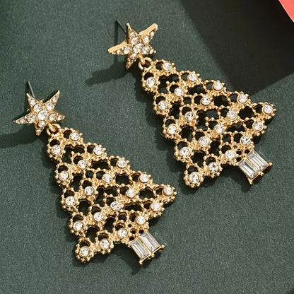 Brincos Dourado de Árvore de Natal com Strass