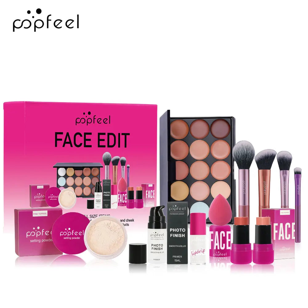 Kit de Maquiagem Completo POPFEEL: Sombra, Pó, Gloss e Óleo Labial