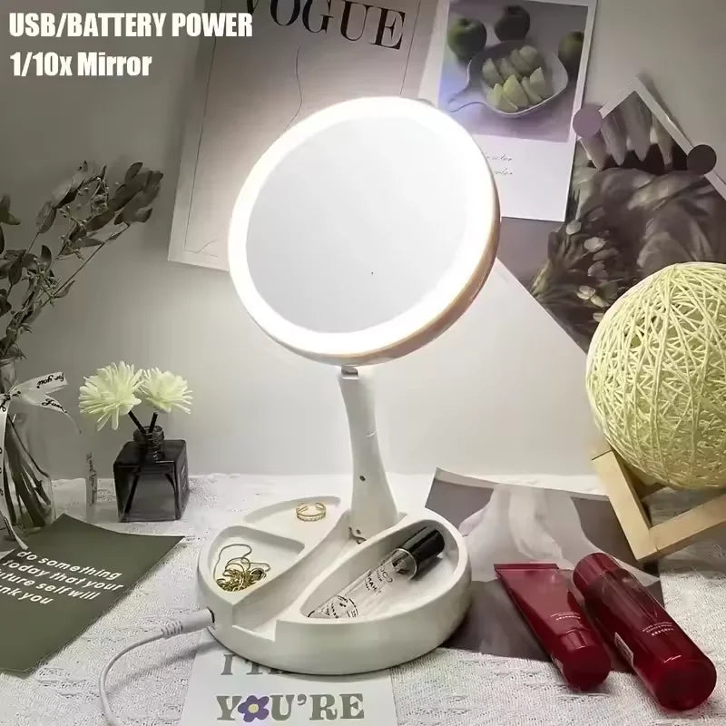 Espelho de Luz Led Dobravel Lupa Aumenta 10x Maquiagem Usb